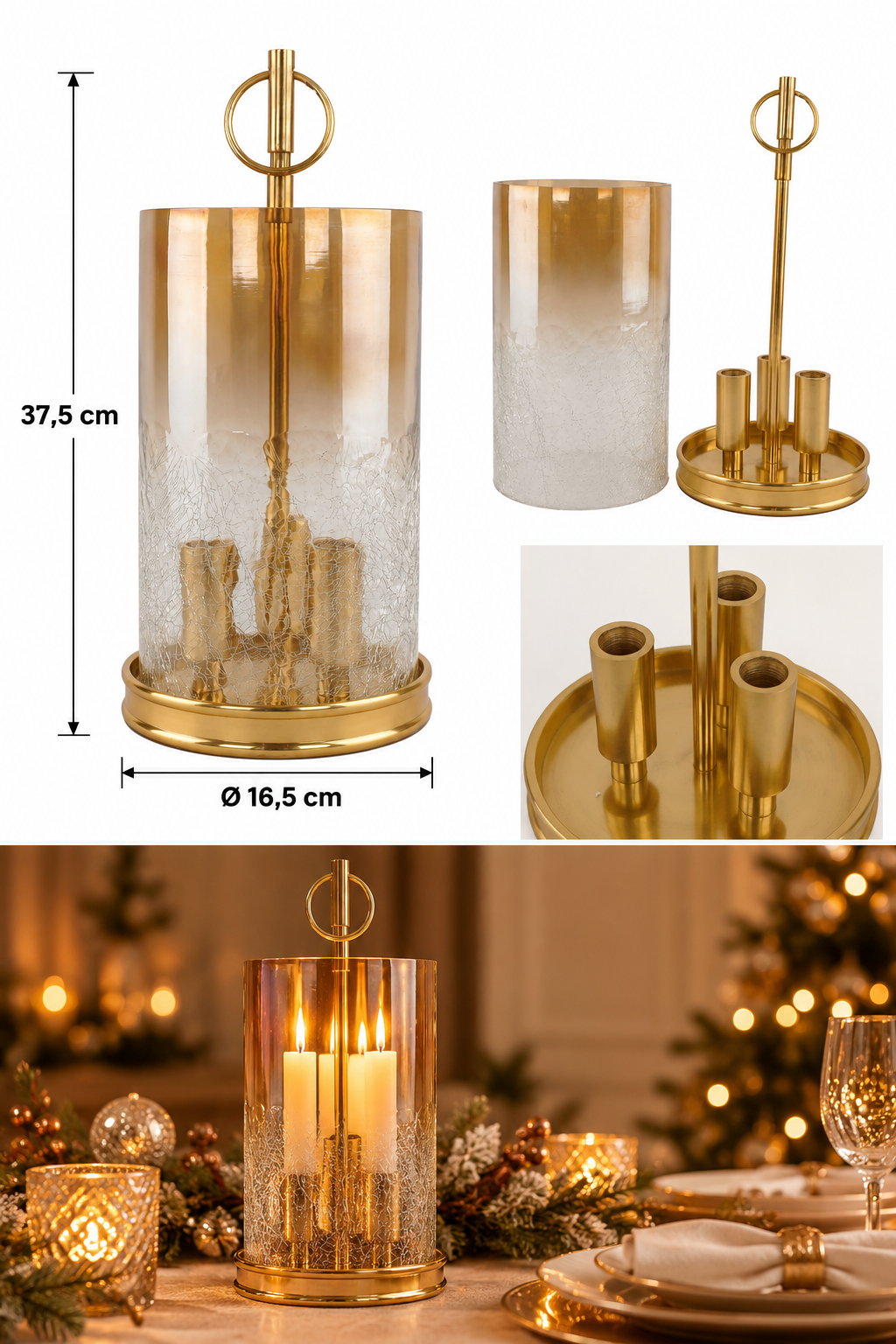 Dimensioni portacandela 3 candele in vetro e alluminio oro Ø16,5 x H37,5 cm