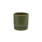 Vaso Glaze Righe Rotondo EDG in Terracotta Verde H23 con Sottopiatto Integrato