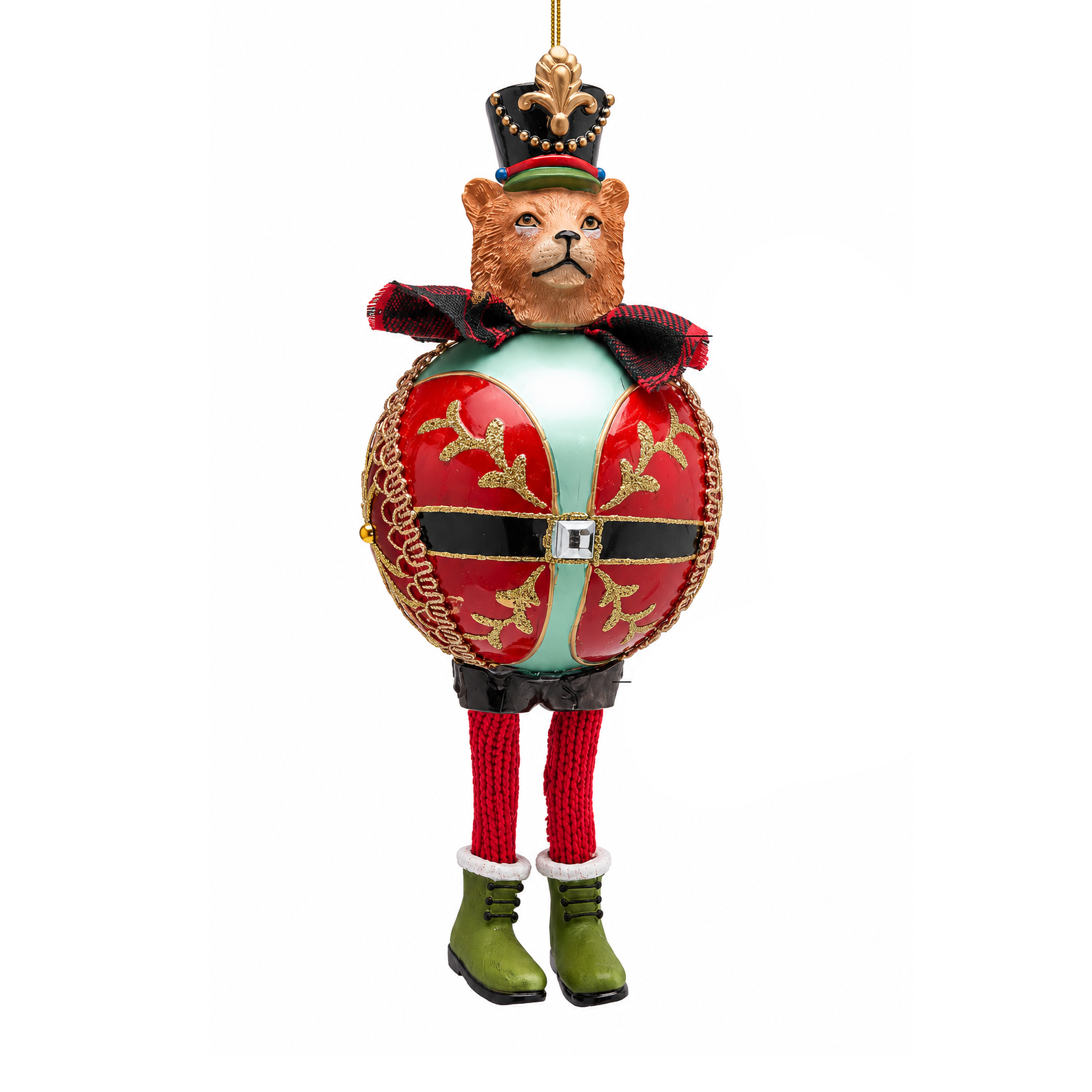 Addobbo Palla Gatto di Natale EDG Enzo De Gasperi in vetro rosso con stivali verdi e dettagli dorati. Ø 10 cm, originale e fiabesco.