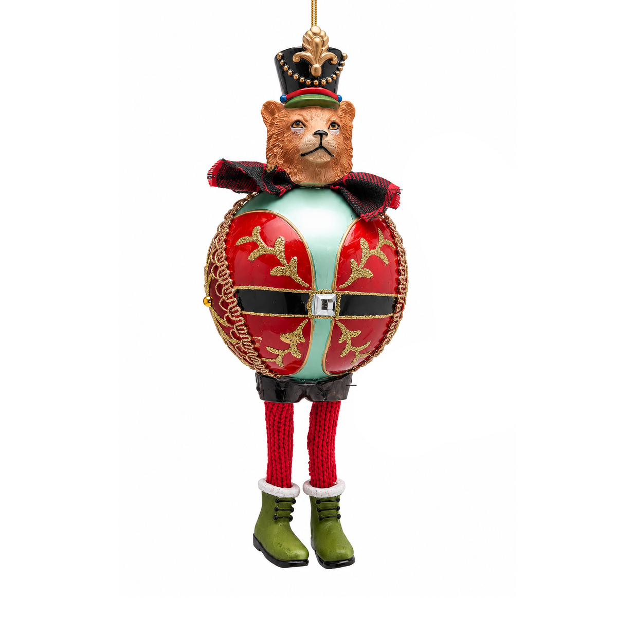 Addobbo Palla Gatto di Natale EDG Enzo De Gasperi in vetro rosso con stivali verdi e dettagli dorati. Ø 10 cm, originale e fiabesco.