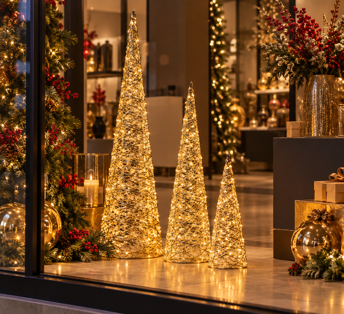 Alberi LED Stripes Cono Oro EDG Enzo De Gasperi H 40, H 60 e H 80 cm ambientati in vetrina natalizia con decorazioni e luci calde