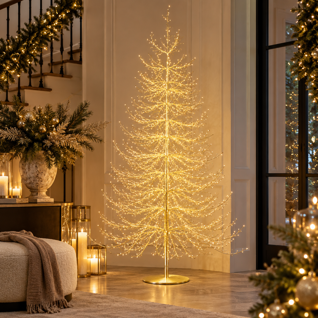 Albero LED Faggio Luminoso Oro H 180 cm EDG Enzo De Gasperi con 1940 MicroLED luce calda ambientato in elegante soggiorno natalizio