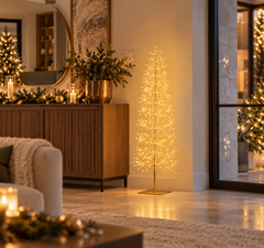Albero LED Faggio Slim oro H 120 cm EDG Enzo De Gasperi con luci decorative natalizie IP44 ambientato
