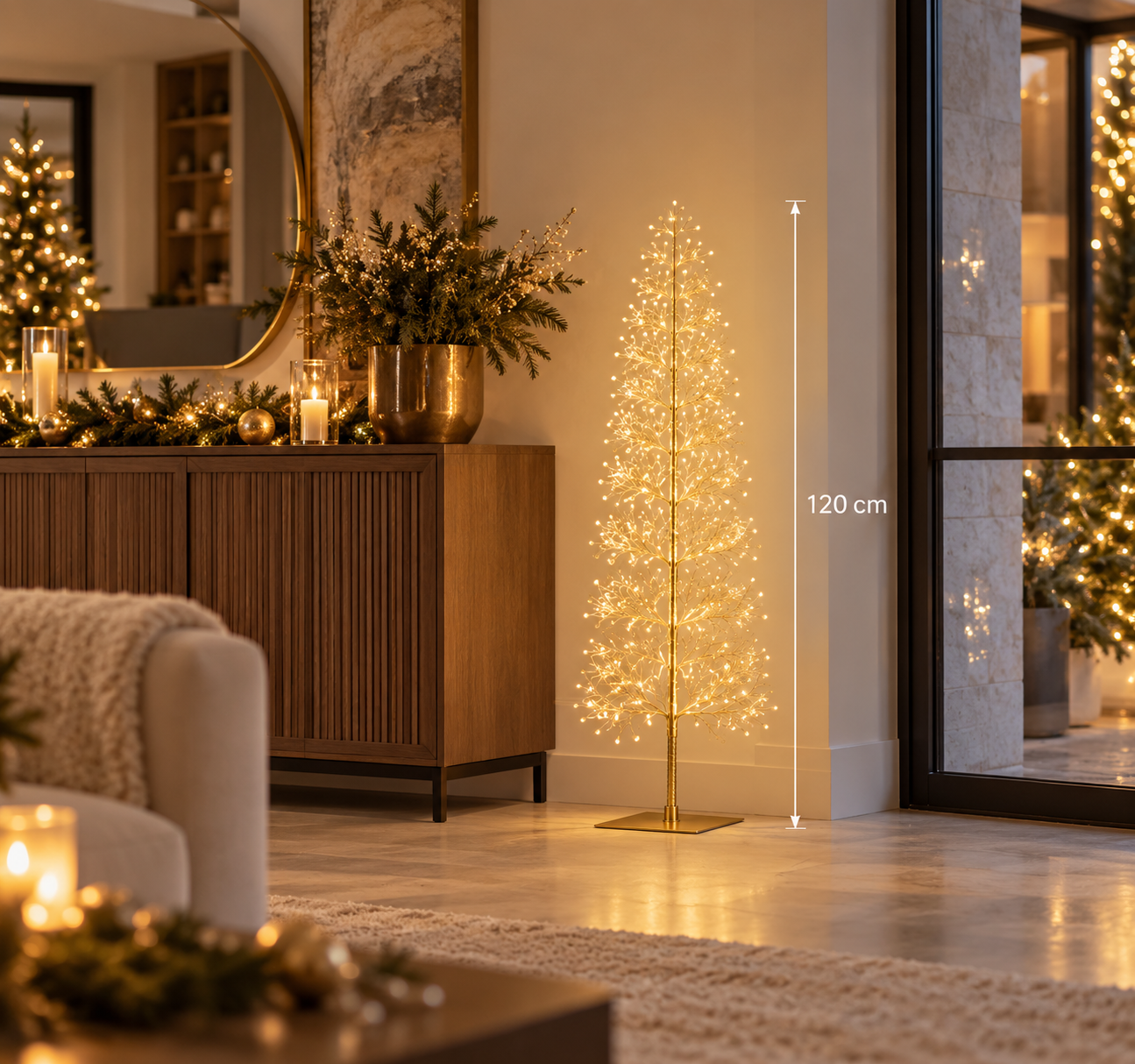 Albero LED Faggio Slim oro H 120 cm EDG Enzo De Gasperi ambientato con misure 