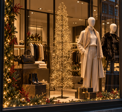 Albero LED Faggio Slim Nero EDG Enzo De Gasperi H 180 cm con MicroLED a luce calda ambientato in una vetrina natalizia di un negozio di abbigliamento