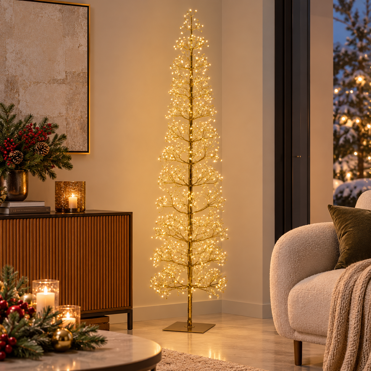 Albero LED Faggio Slim Oro EDG Enzo De Gasperi H 180 cm con MicroLED ambientato in elegante soggiorno natalizio