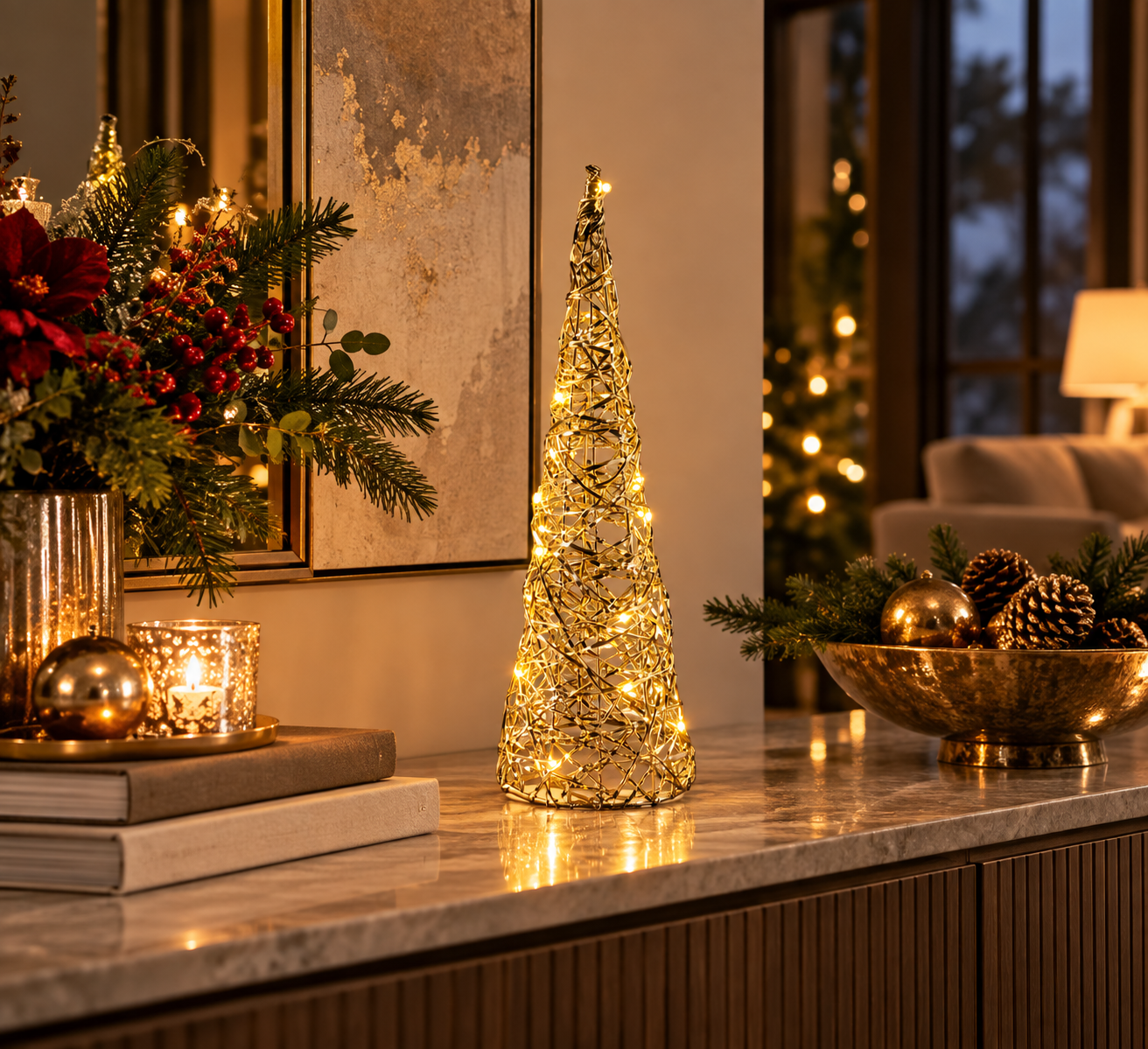 Albero LED Stripes Cono Oro EDG Enzo De Gasperi H 40 cm ambientato su consolle con decorazioni natalizie e MicroLED a luce calda
