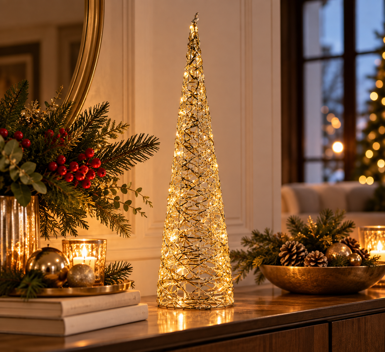 Albero LED Stripes Cono Oro H 60 cm EDG Enzo De Gasperi ambientato con decorazioni natalizie e MicroLED a luce calda