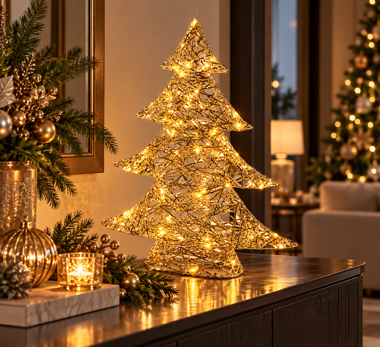 Albero LED Stripes Oro H 60 cm EDG Enzo De Gasperi ambientato con decorazioni natalizie e MicroLED a luce calda