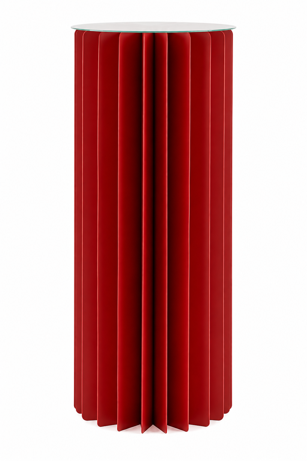 Alzata arredo Origami New rossa EDG Enzo De Gasperi H80 Ø30 cm, piedistallo decorativo alto con ripiano e struttura verticale in carta pieghettata.