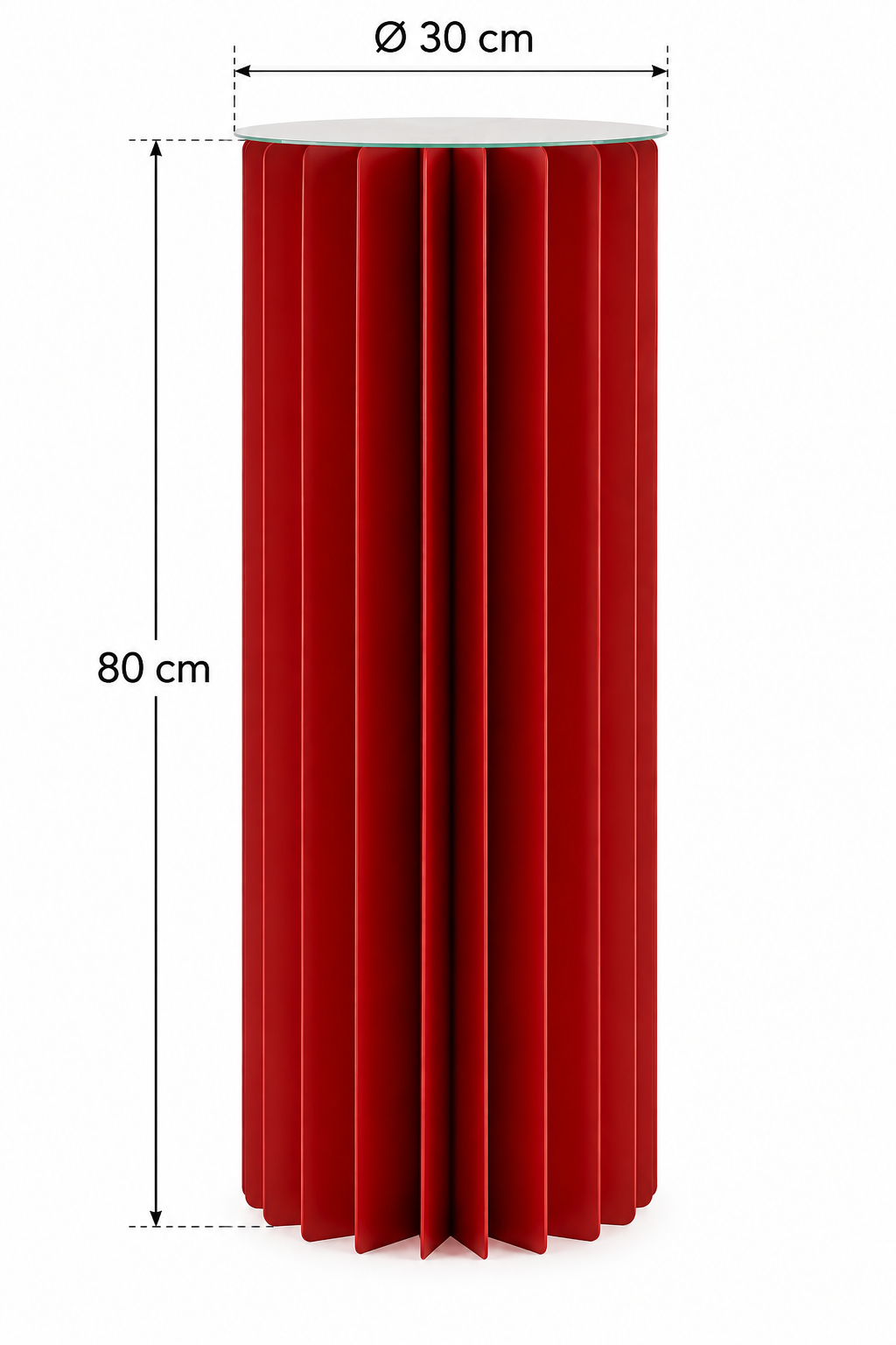 Alzata Origami New rossa EDG Enzo De Gasperi con misure indicate, altezza 80 cm e diametro 30 cm, struttura geometrica plissettata con ripiano.