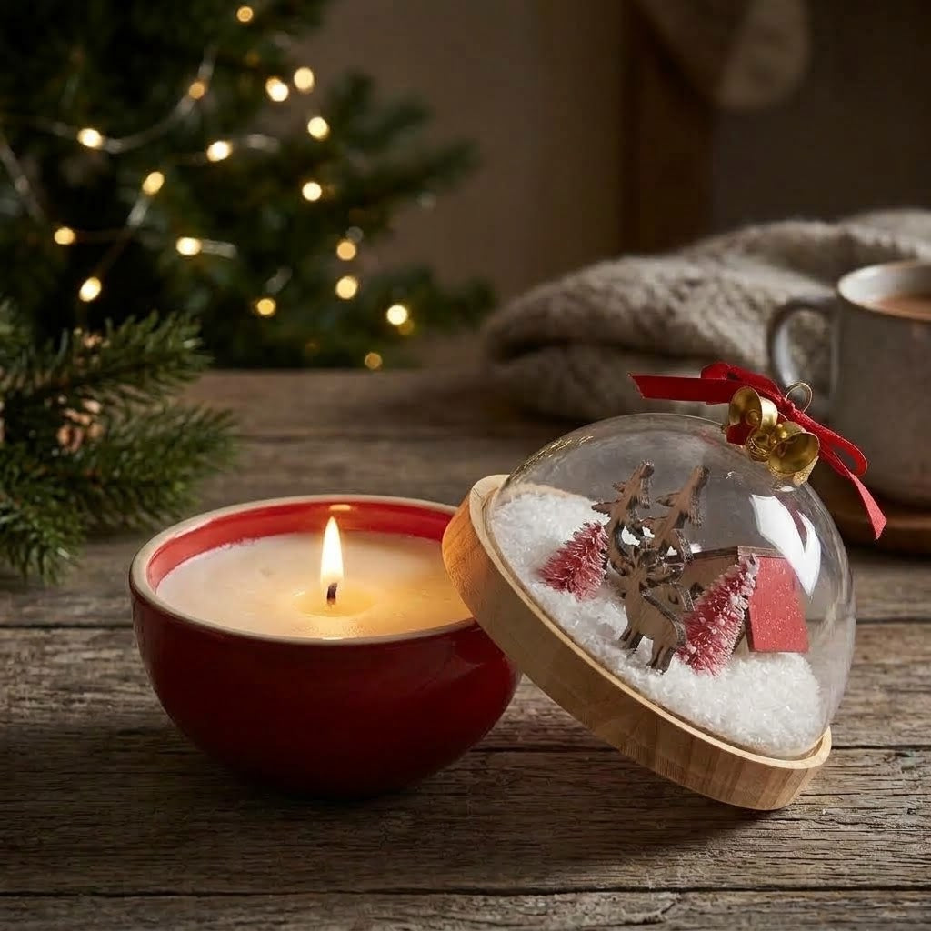 Candela Cupola Natalizia Miele e Mela EDG con renne e casetta ambientata in una decorazione di Natale
