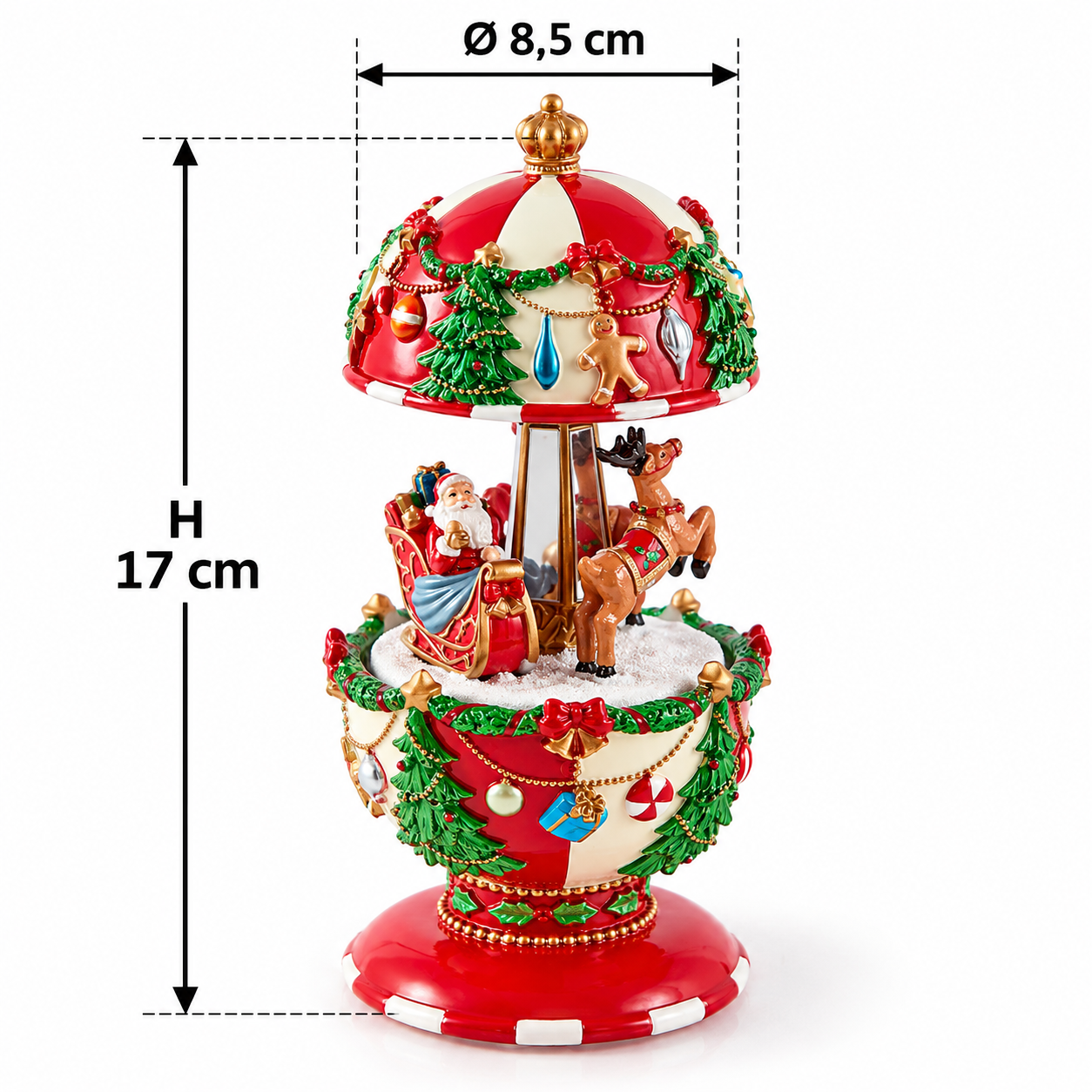 Carillon natalizio EDG con Babbo Natale sulla slitta e renna, altezza 17 cm e diametro 8,5 cm, con cupola decorata e dettagli natalizi.