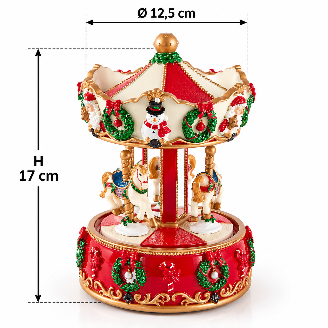 Carillon natalizio EDG a forma di giostra con cavalli bianco e rosso, altezza 17 cm e diametro 12,5 cm, con decorazioni natalizie dorate.