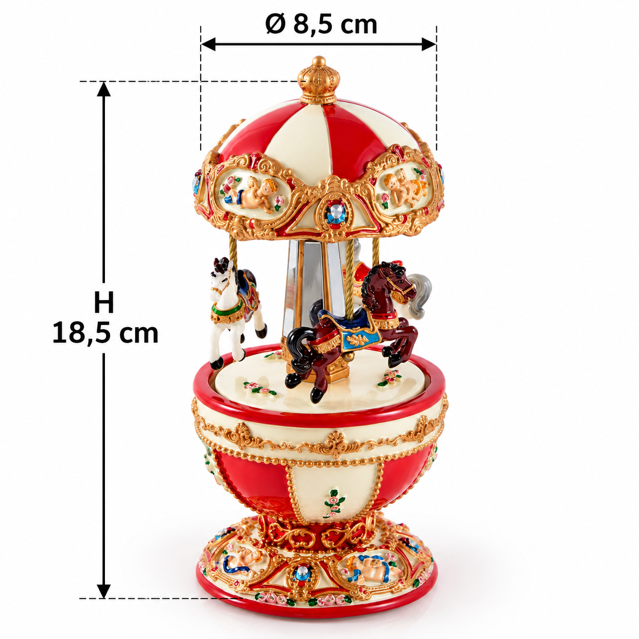Carillon natalizio Giostra con Cavalli EDG Enzo De Gasperi H18,5 Ø8,5 cm, decorazione bianca e rossa con cavallini colorati e finiture dorate.