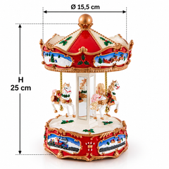 Carillon natalizio EDG a forma di giostra con cavalli, altezza 25 cm e diametro 15,5 cm, con dettagli dorati e decorazioni natalizie.