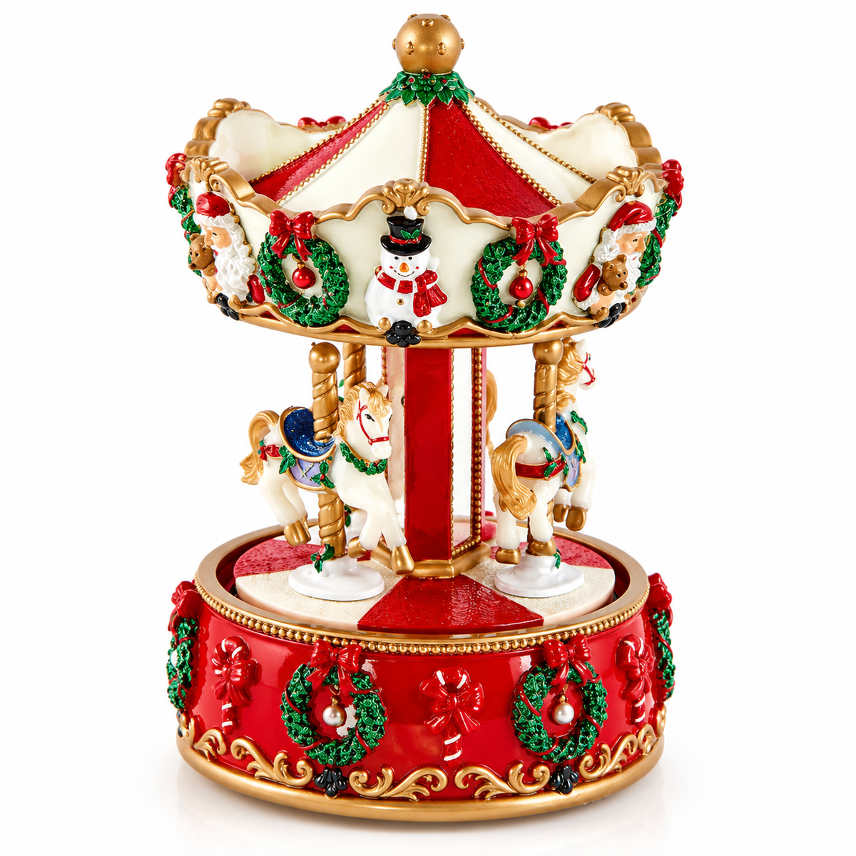 Carillon natalizio giostra con cavalli EDG Enzo De Gasperi H17 cm, decorazione bianca e rossa con cavallini, ghirlande verdi, fiocchi e dettagli dorati.