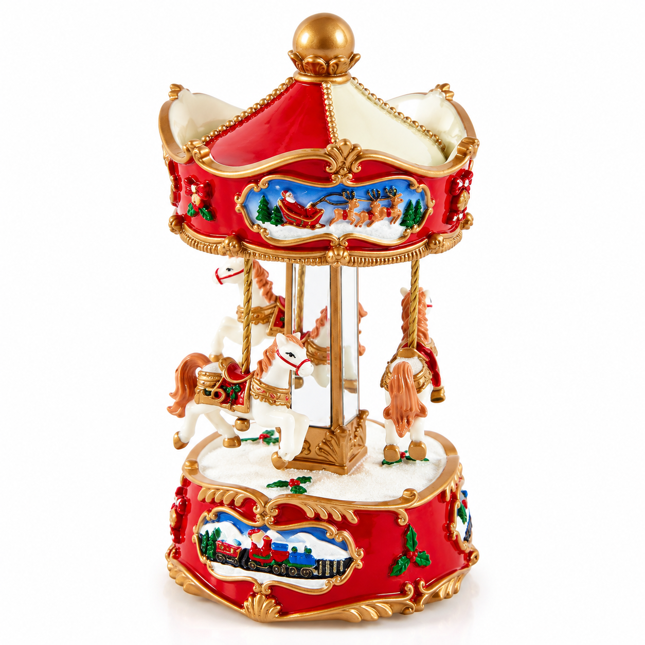 Carillon natalizio Giostra con Cavalli EDG Enzo De Gasperi H 17 × Ø 9,5 cm, con cavallini decorati, dettagli rossi e dorati e scene natalizie con trenino, su sfondo bianco.