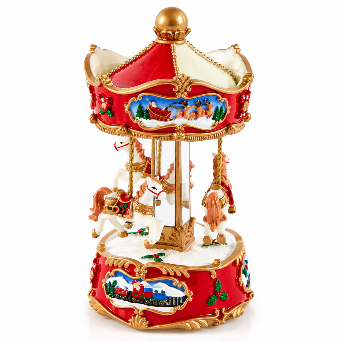 Carillon natalizio Giostra con Cavalli EDG Enzo De Gasperi H 17 × Ø 9,5 cm, con cavallini decorati, dettagli rossi e dorati e scene natalizie con trenino, su sfondo bianco.