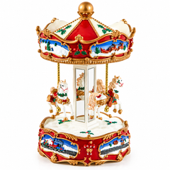 Carillon Natalizio Giostra con Cavalli EDG Enzo De Gasperi H 25 × Ø 15,5 cm, con cavallini bianchi, dettagli rossi e dorati, paesaggi innevati e trenino natalizio su sfondo bianco.