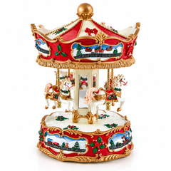 Carillon natalizio giostra con cavalli EDG Enzo De Gasperi H25 cm, decorazione musicale rossa, bianca e oro con cavallini e dettagli natalizi.