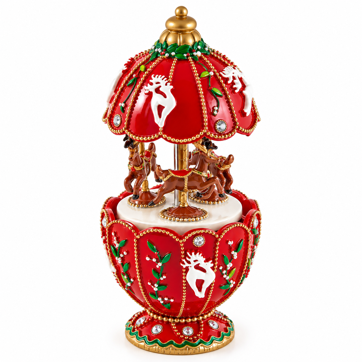 Carillon natalizio Giostra con Renne EDG Enzo De Gasperi H 17 × Ø 7,5 cm, rosso con renne decorative, dettagli verdi e finiture dorate, su sfondo bianco.