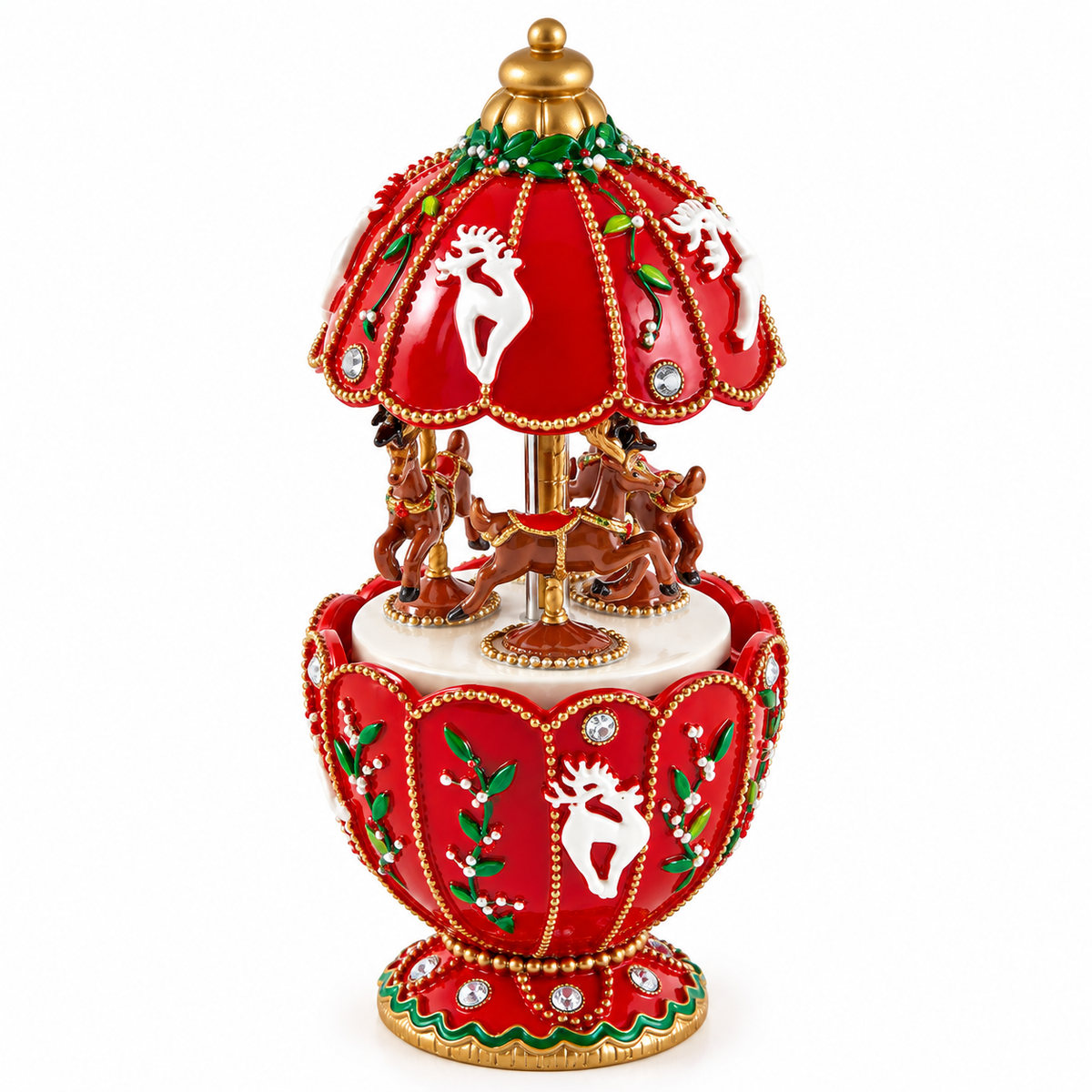 Carillon natalizio Giostra con Renne EDG Enzo De Gasperi H 17 × Ø 7,5 cm, rosso con renne decorative, dettagli verdi e finiture dorate, su sfondo bianco.