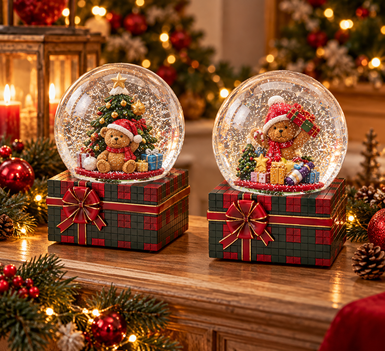 Carillon natalizio EDG con sfera d'acqua, orsacchiotto e pacchi regalo, ambientato su una consolle decorata per Natale con luci calde e addobbi natalizi.