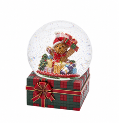 Carillon natalizio con sfera d'acqua EDG Enzo De Gasperi H20 Ø15 cm, orsacchiotto con cappello di Babbo Natale e pacchi regalo, base tartan rossa e verde.