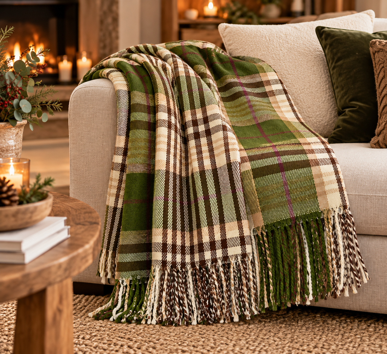 Coperta plaid tartan verde e beige 127x152 cm EDG Enzo De Gasperi, con fantasia scozzese a quadri e frange decorative coordinate ambientata