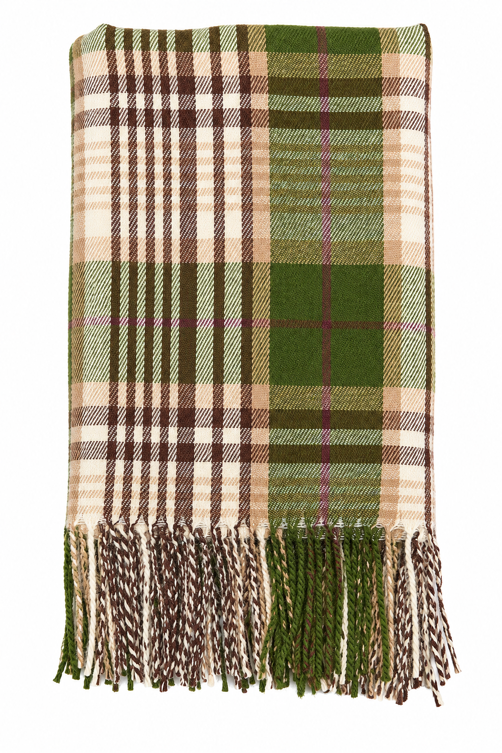 Coperta plaid tartan verde e beige 127x152 cm EDG Enzo De Gasperi, con fantasia scozzese a quadri e frange decorative coordinate
