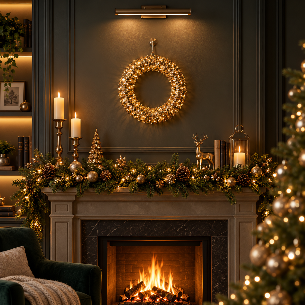 Corona luminosa natalizia D.50 cm con 600 MicroLED bianco caldo ambientata sopra il camino
