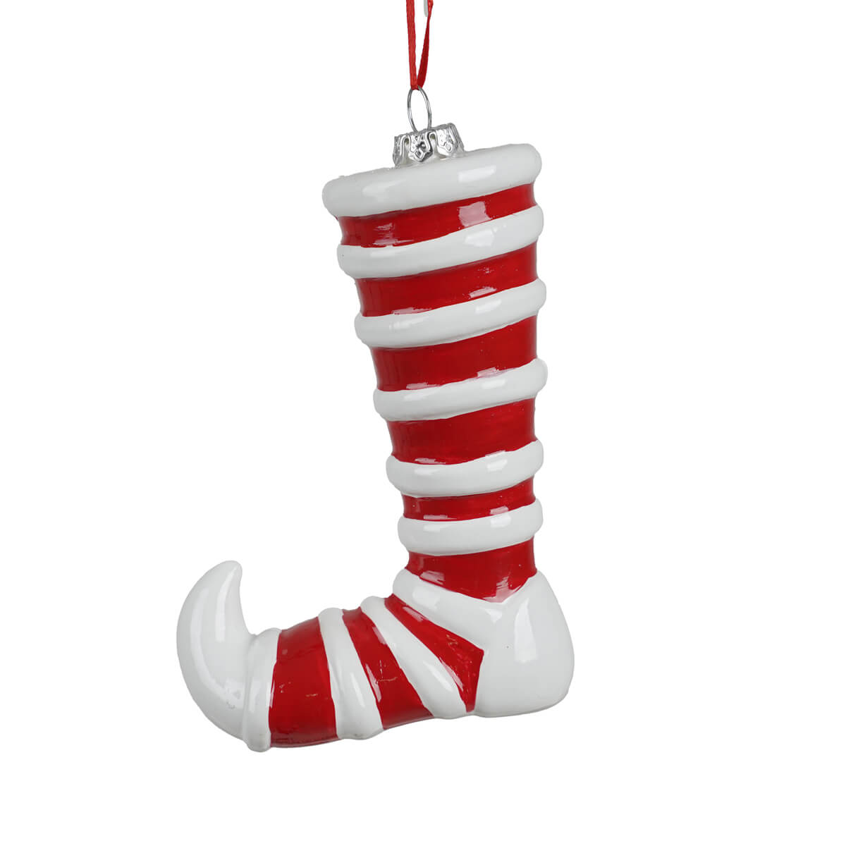 Decorazione natalizia stivale di elfo rosso e bianco da appendere H 12,8 cm