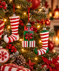 Stivale di elfo rosso bianco e verde appeso all’albero di Natale