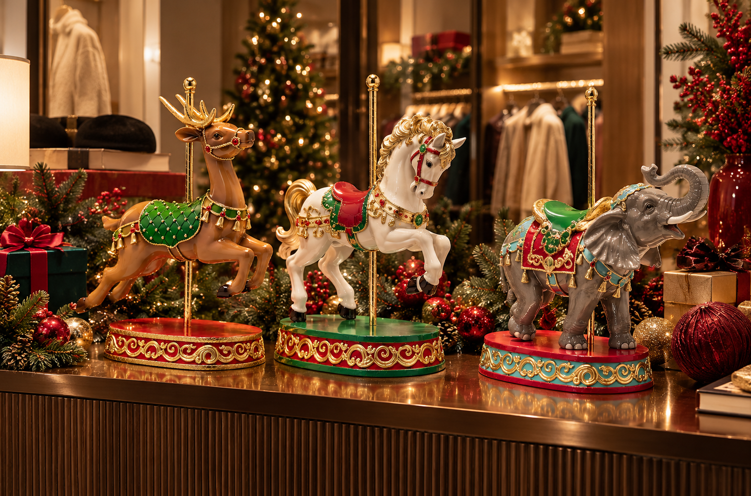 Collezione decorazioni natalizie Giostra EDG Enzo De Gasperi con renna marrone, cavallo bianco ed elefante grigio, ideali per allestire vetrine di negozi e ambienti raffinati.