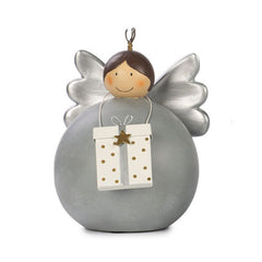 Decoro angelo in ceramica con pacco regalo in metallo e ali argentate - 1248342-P
