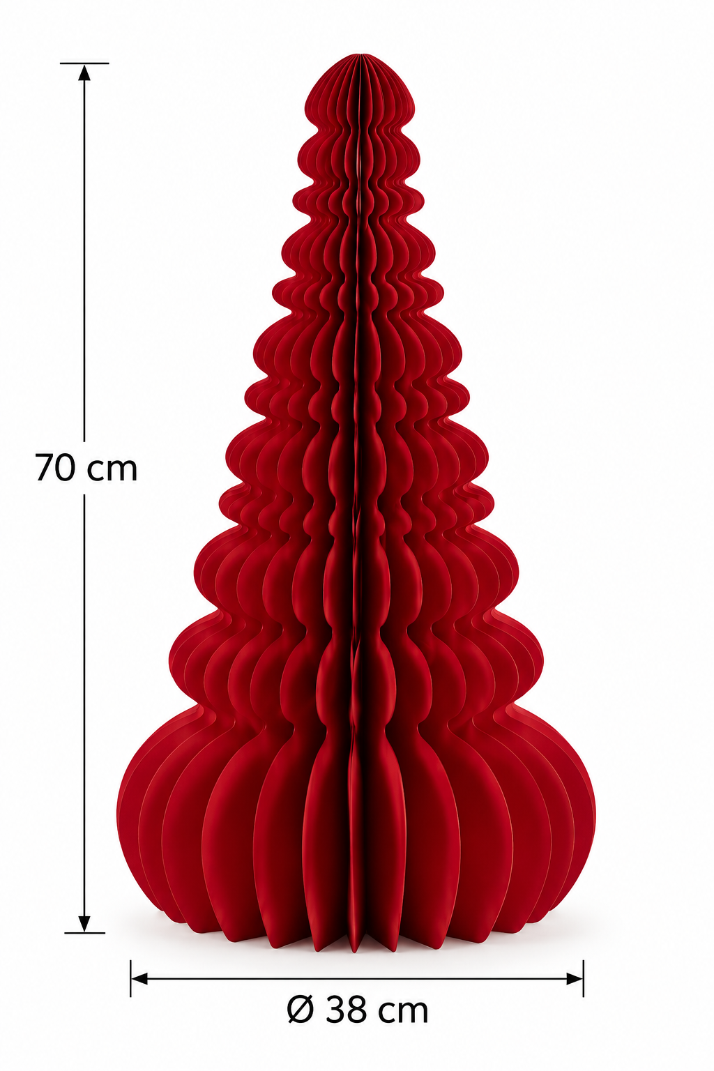 Pino Origami New Rosso EDG Enzo De Gasperi in carta pieghettata, con misure indicate altezza 70 cm e diametro 38 cm, decorazione natalizia dal design contemporaneo.