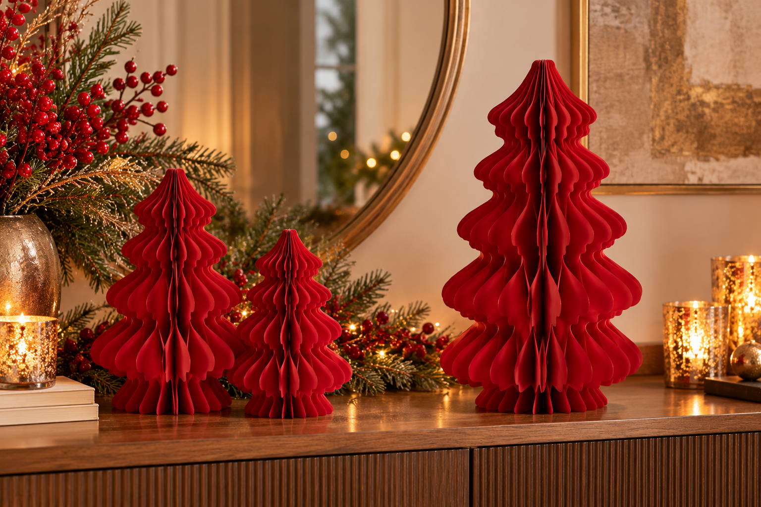 Tre Decori Pino Origami New Rosso EDG Enzo De Gasperi H 20, 30 e 40 cm in carta pieghettata tridimensionale, ambientati su una madia elegante con rami di abete, bacche rosse e candele dorate per una raffinata composizione natalizia.