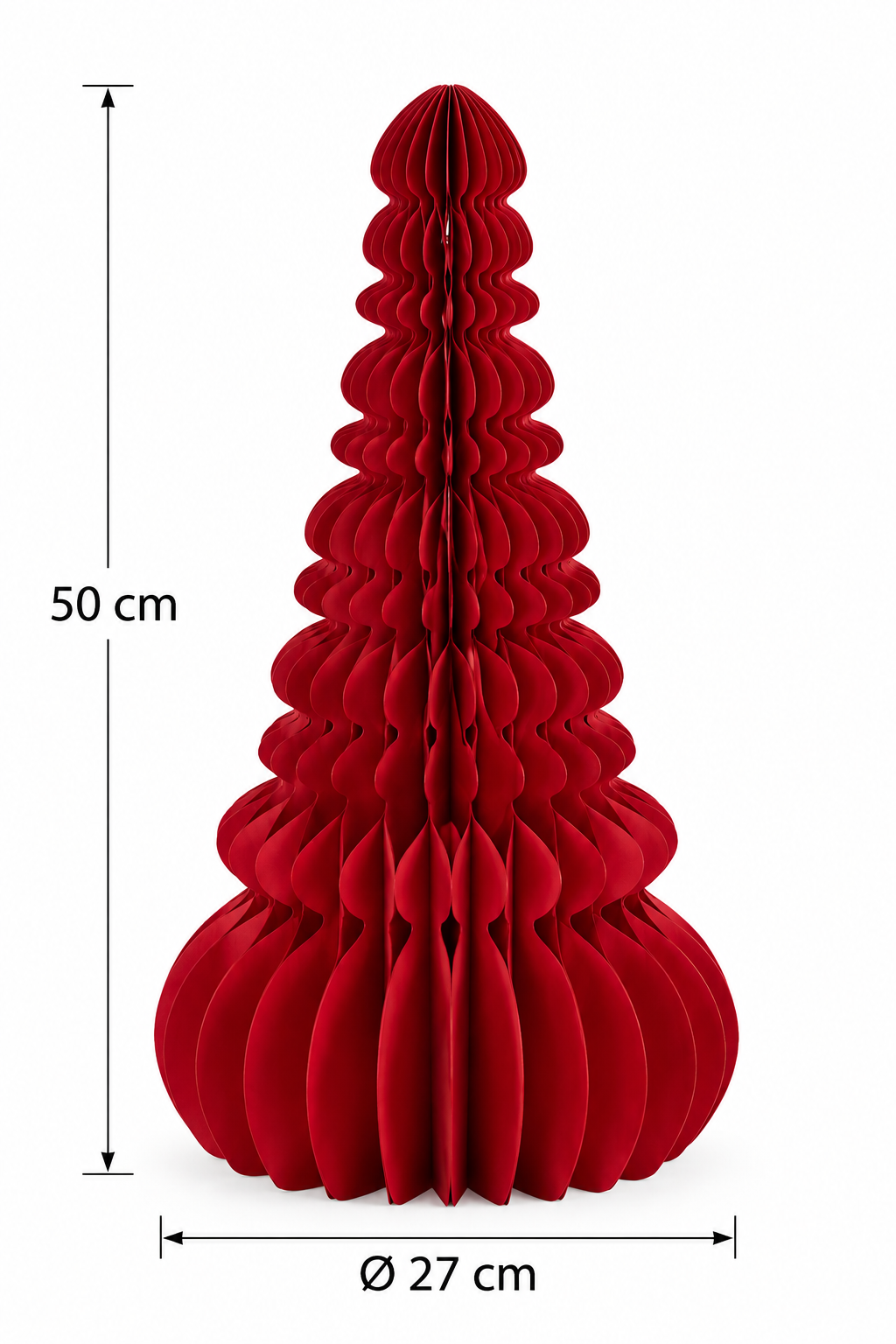 Pino Origami New Rosso EDG Enzo De Gasperi in carta pieghettata, con dimensioni indicate H 50 × Ø 27 cm, decorazione natalizia dal design contemporaneo.