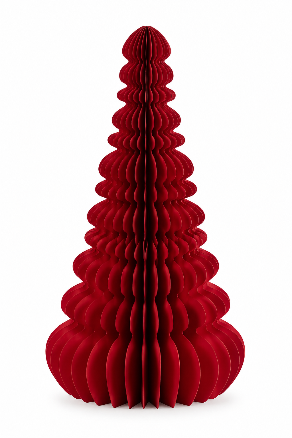 Decoro Pino Origami New Rosso EDG Enzo De Gasperi H 70 × Ø 38 cm, albero di Natale decorativo in carta rossa pieghettata tridimensionale su sfondo bianco.