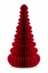 Decoro Pino Origami New Rosso EDG Enzo De Gasperi H 70 × Ø 38 cm, albero di Natale decorativo in carta rossa pieghettata tridimensionale su sfondo bianco.