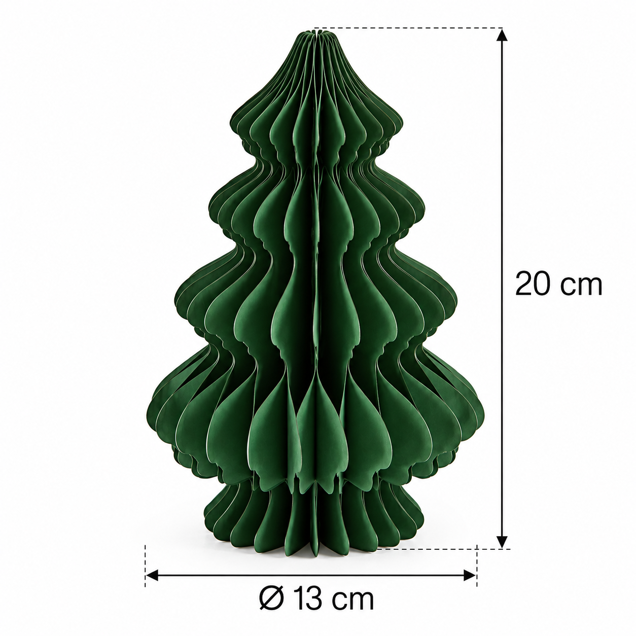 Decoro Pino Origami New Verde EDG Enzo De Gasperi in carta pieghettata effetto origami, con indicazione delle dimensioni H 20 cm e Ø 13 cm.