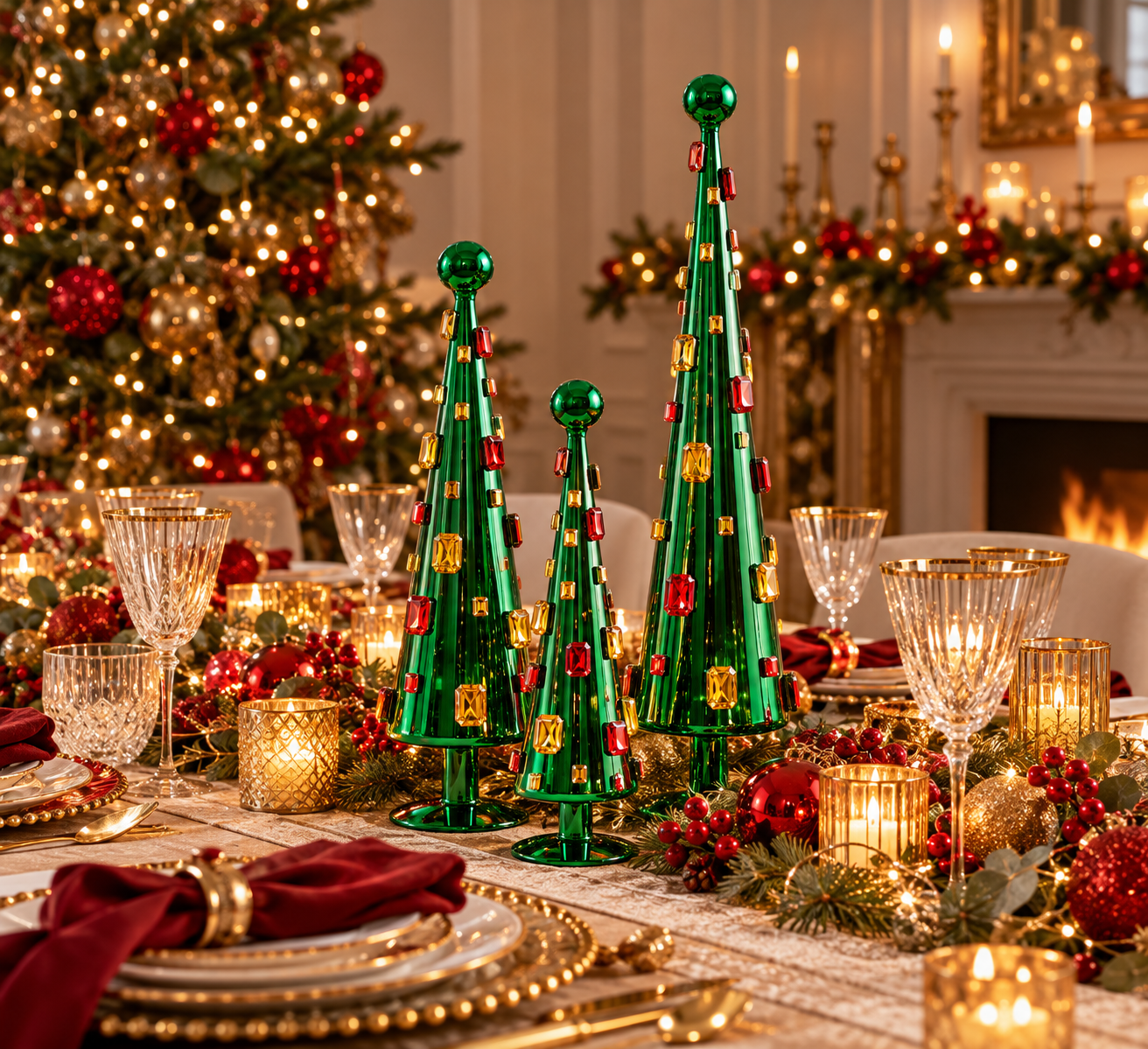 Centrotavola natalizio elegante con tre Decori Super Gemme Cono Verde EDG Enzo De Gasperi H 34, 45 e 61 cm, in vetro verde lucido con gemme multicolore, ambientati su una grande tavola di Natale raffinata con candele e decorazioni rosse e oro.
