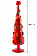 Decoro Super Gemme Cono Rosso EDG Enzo De Gasperi in vetro rosso lucido con gemme verdi e ambra, altezza 45 cm, su sfondo bianco con indicazione delle dimensioni.