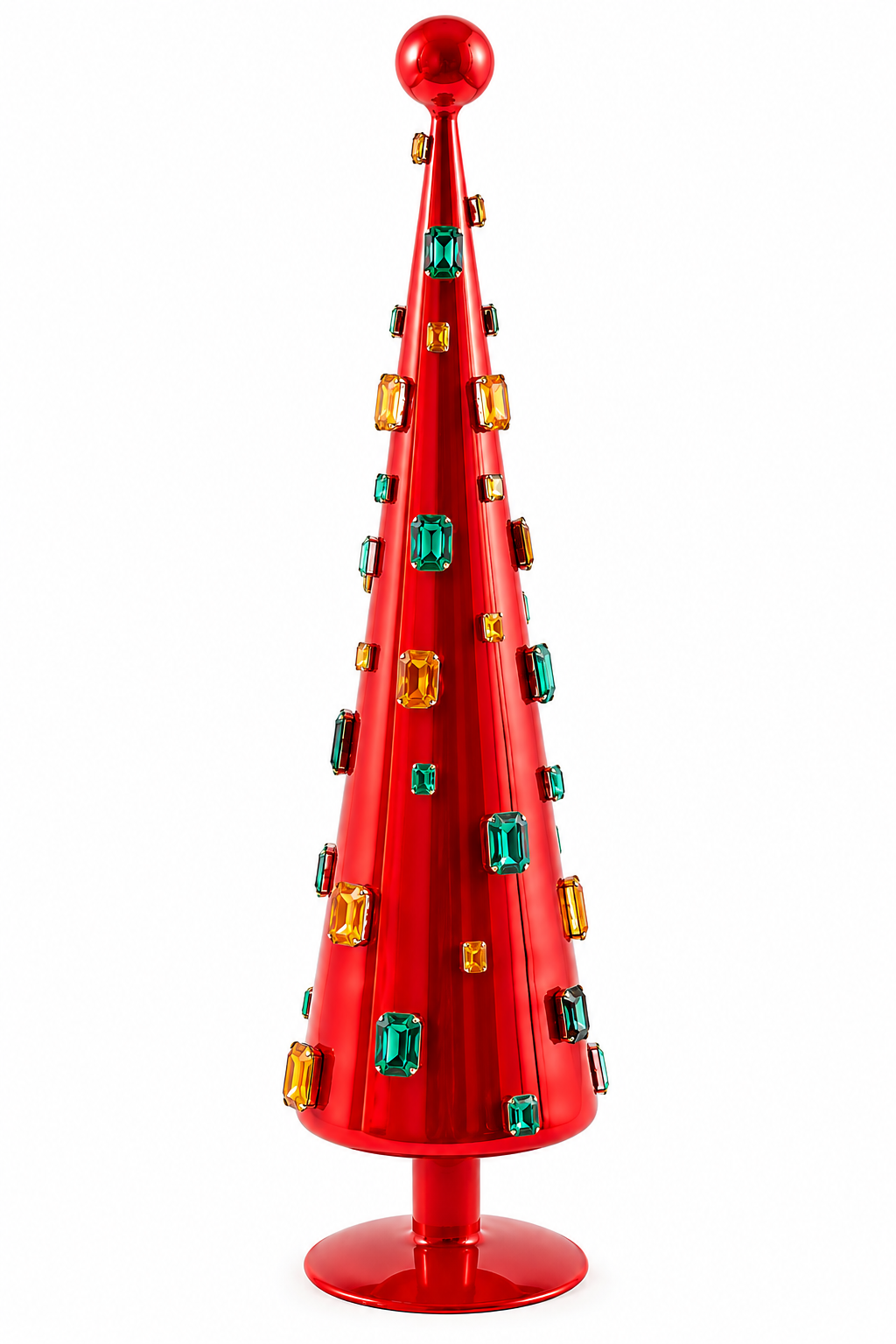 Decoro Super Gemme Cono Rosso H 61 cm EDG Enzo De Gasperi in vetro rosso lucido con gemme sfaccettate verdi e ambra/oro su base rialzata.