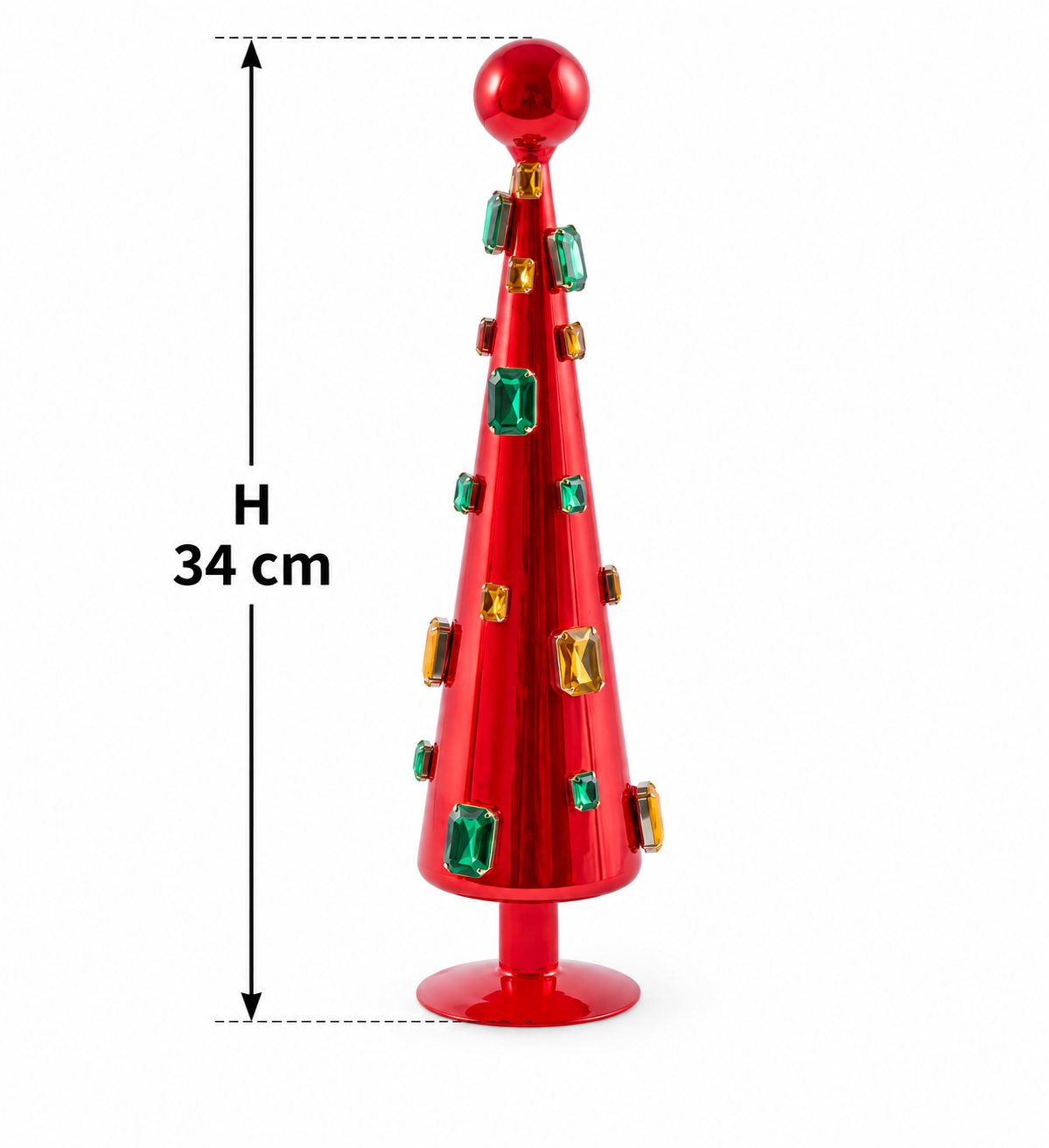 Decoro Super Gemme Cono Rosso EDG in vetro, altezza 34 cm, con gemme multicolore applicate a rilievo e base rialzata.
