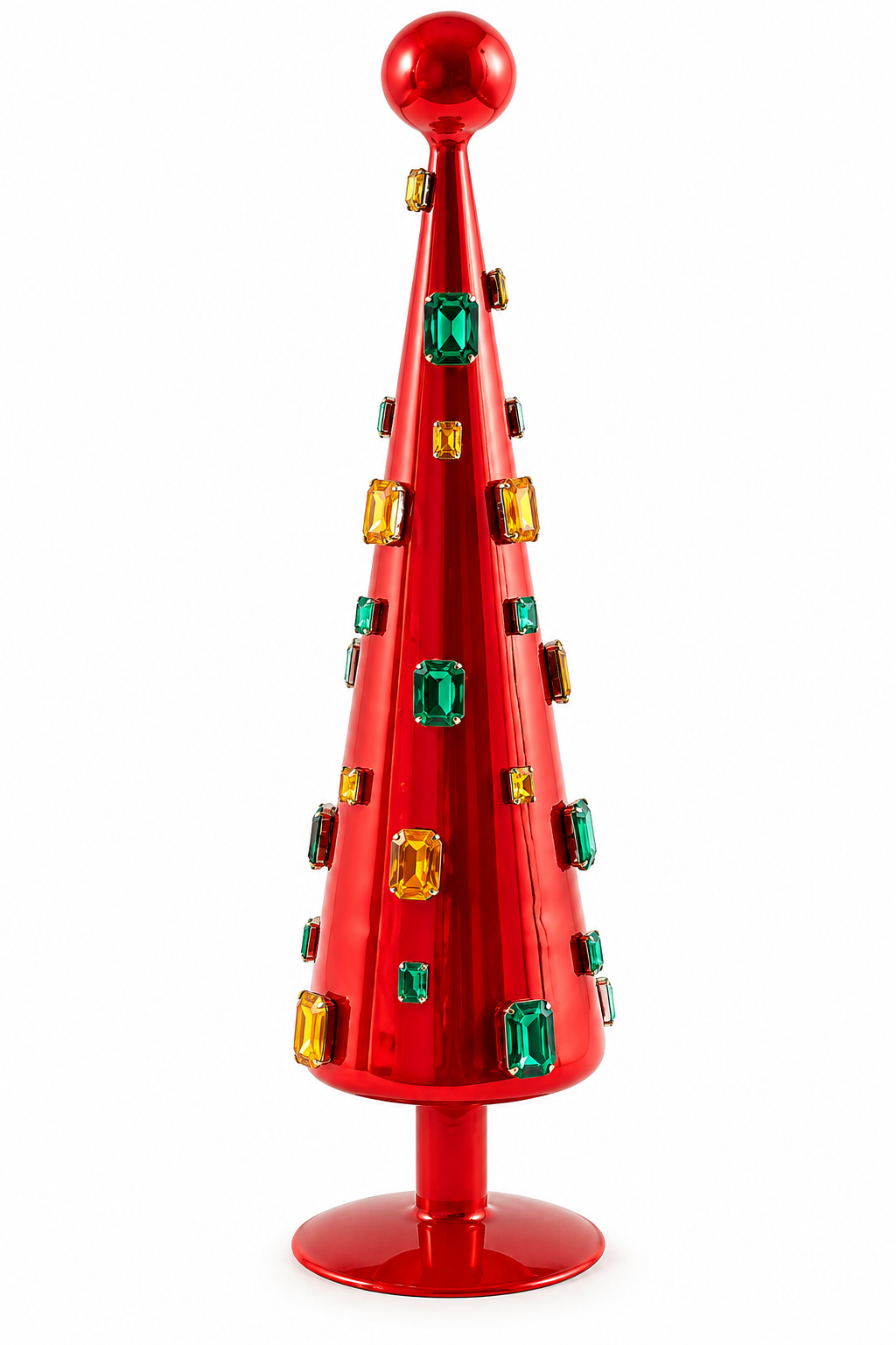 Decoro Super Gemme Cono Rosso EDG Enzo De Gasperi H 45 cm in vetro rosso lucido, con gemme sfaccettate verdi e ambra/oro, puntale a sfera e base rialzata, su sfondo bianco.