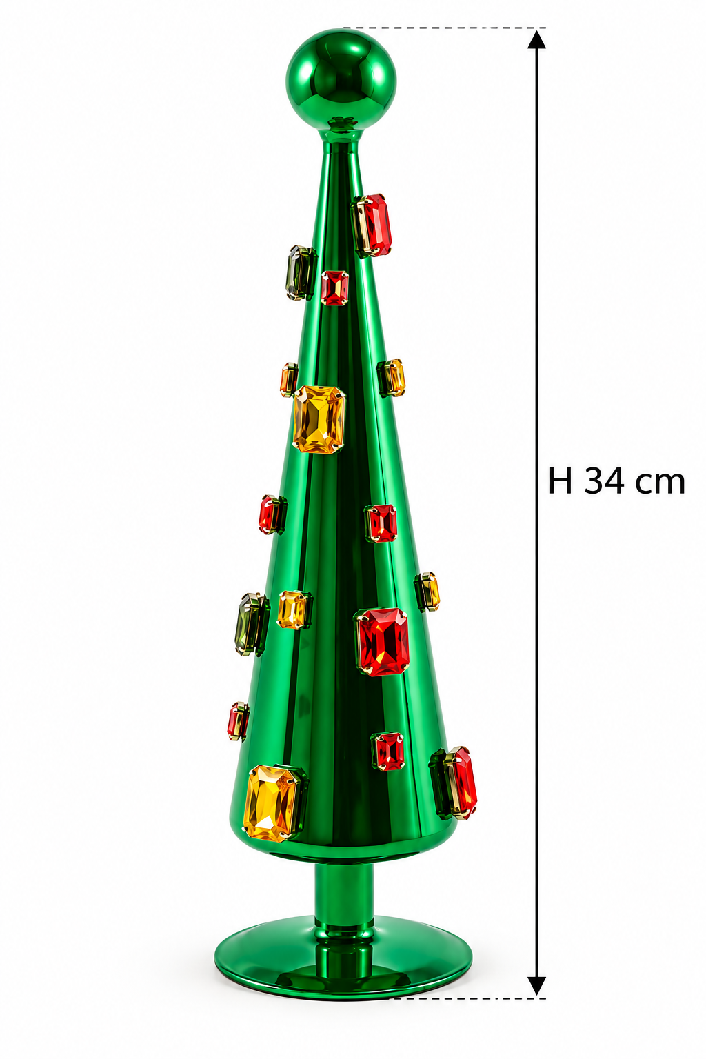 Albero di Natale stilizzato Super Gemme Cono Verde EDG in vetro con gemme multicolor, altezza 34 cm, con indicazione della misura.
