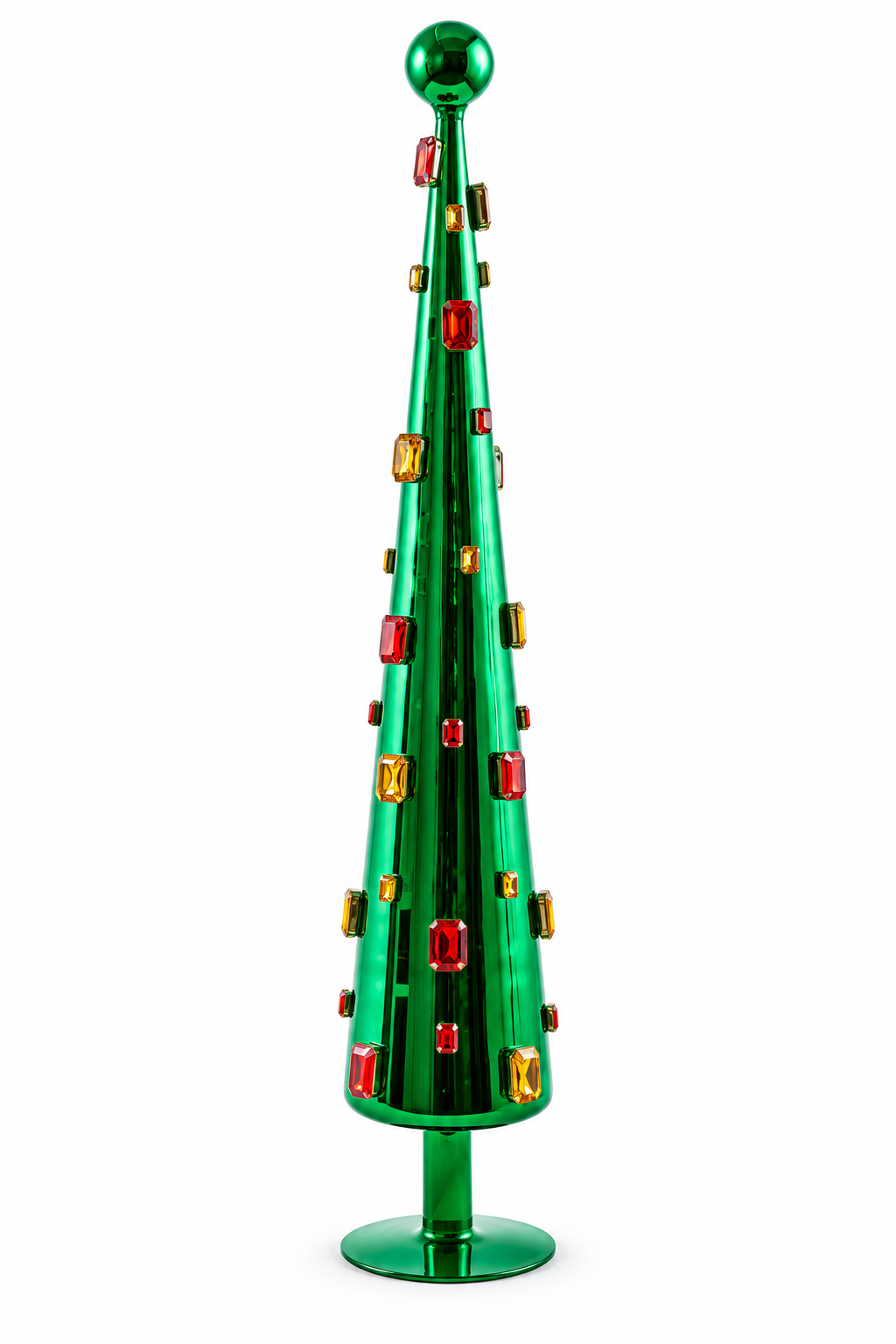 Decoro Super Gemme Cono Verde H 61 cm EDG Enzo De Gasperi, albero di Natale stilizzato in vetro verde lucido con gemme sfaccettate rosse e ambra/oro, puntale a sfera verde e base rialzata.