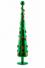 Decoro Super Gemme Cono Verde H 61 cm EDG Enzo De Gasperi, albero di Natale stilizzato in vetro verde lucido con gemme sfaccettate rosse e ambra/oro, puntale a sfera verde e base rialzata.